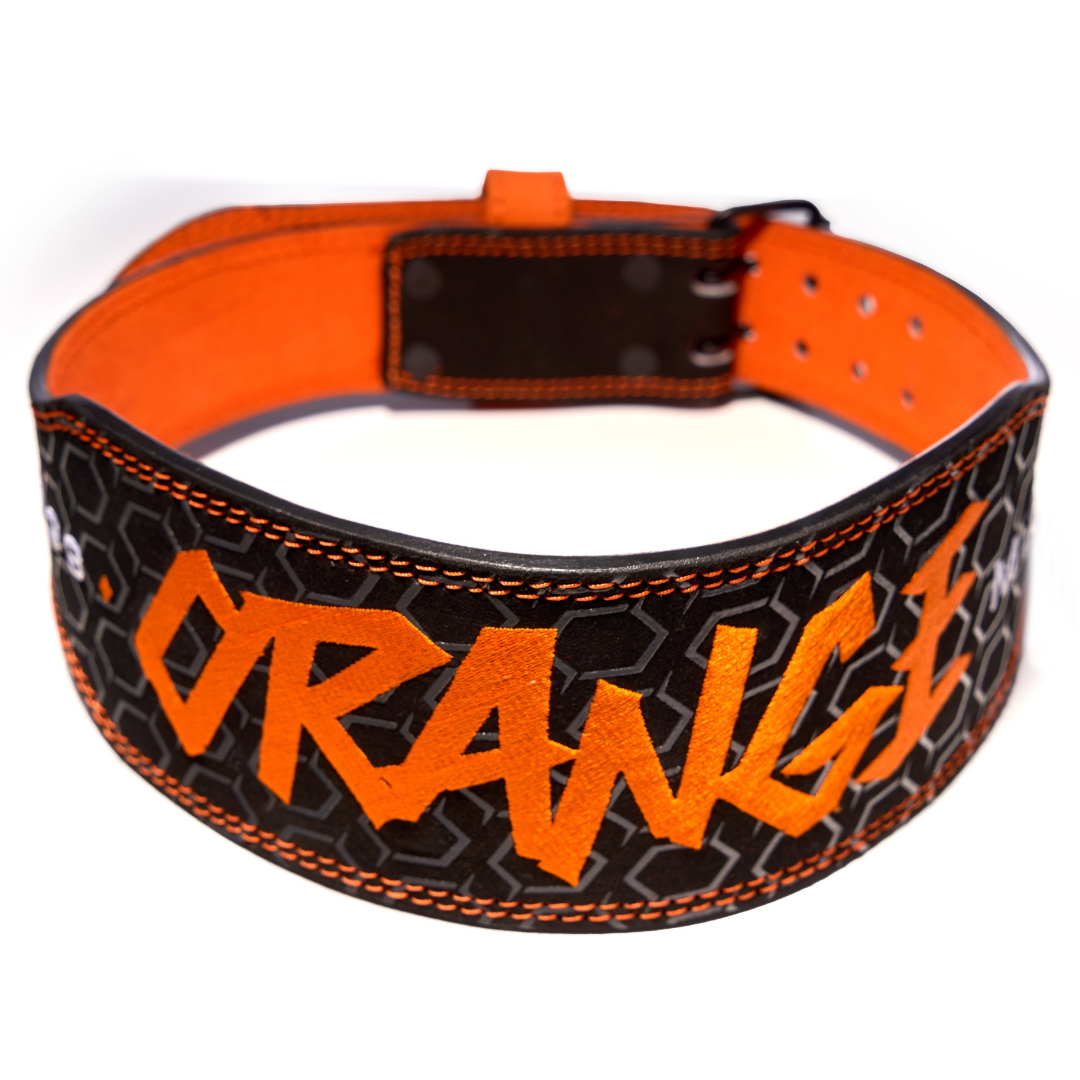 An orange and black weight lifting belt with the word 'ORANGE' written in bold letters.